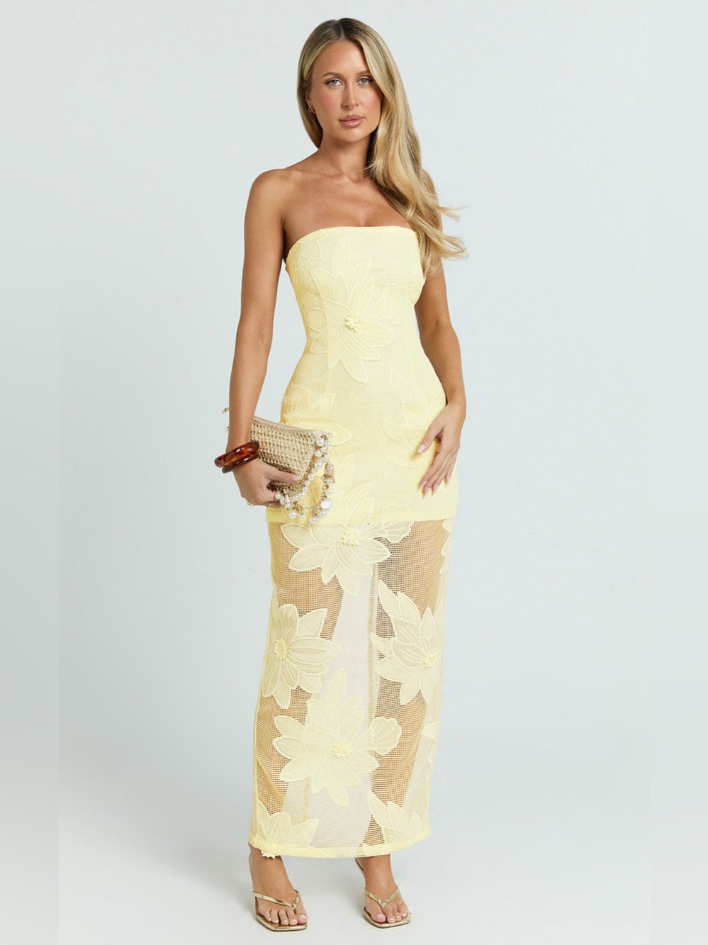 Showpo Sienna Midi Strapless Floral Embroidered in Lemon - Size 6